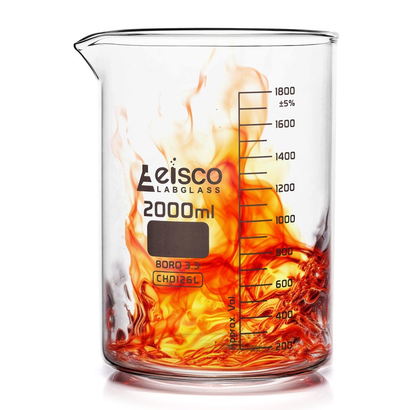 EISCO Beaker, 2000ml - Borosilicate Glass, Low Form, with Spout - 200ml Graduations - Image 1